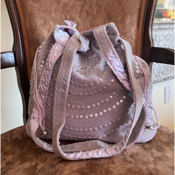 Boho Lavender and bead bucket drawstring shoulder bag - Picture 1 of 14